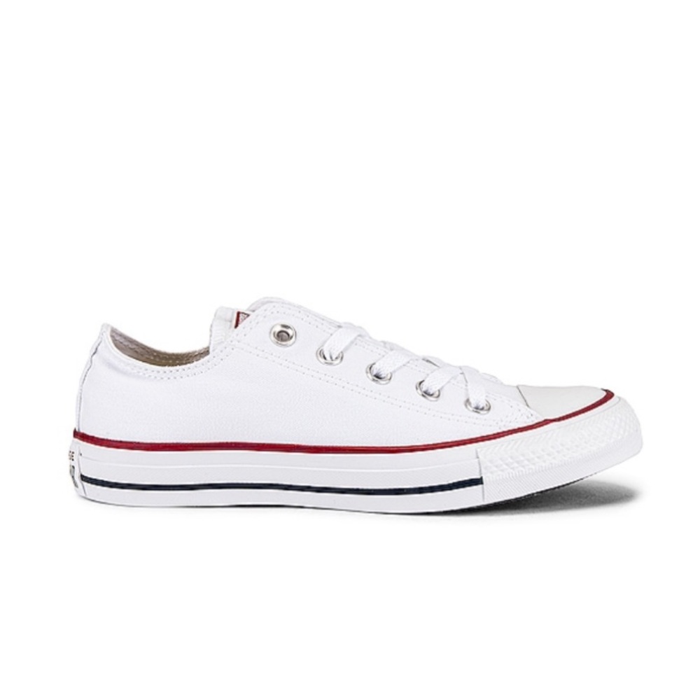 Converse White Low Top Canvas Sneakers with Red and Black Stripes